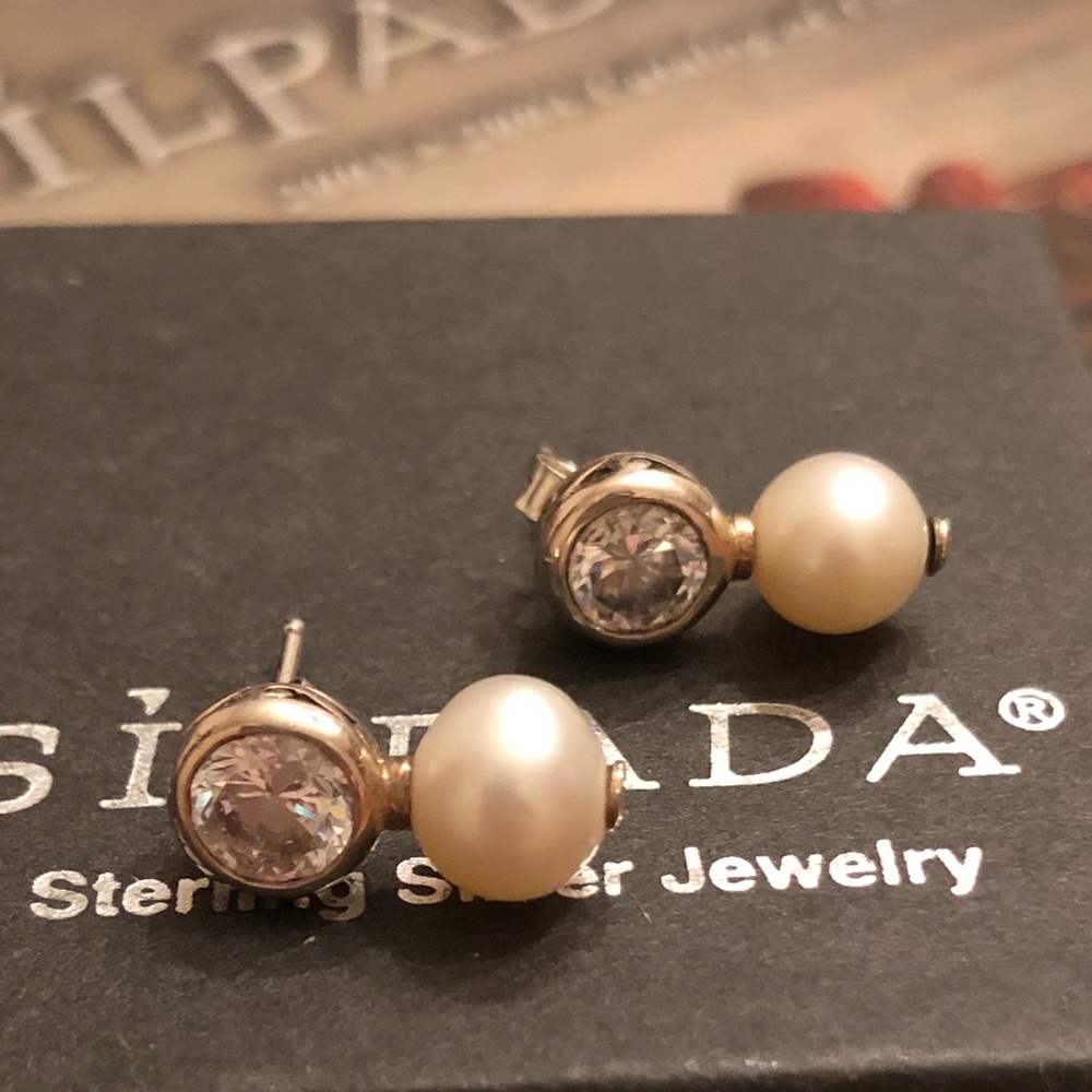 Rare Silpada Filigree Sterling Silver Pearl Cubic Zirconia Post Earrings P2118 - Picture 13 of 16